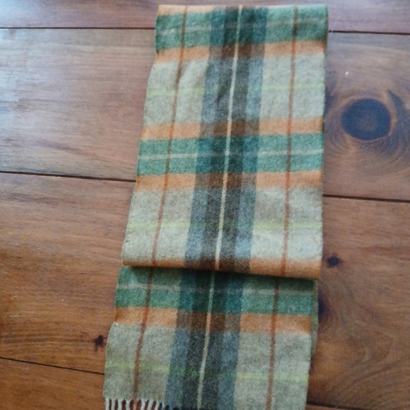 Pure Wool Scarf Ireland, Green/ Rust/Beige plaid, Fringe.  66" Length, Pre-owned - Picture 3 of 7